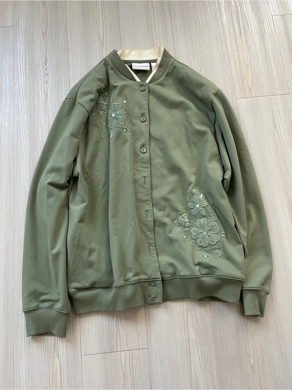 Vintage Alfred Dunner Embroidered Olive Green Floral Bomber Jacket Grandma